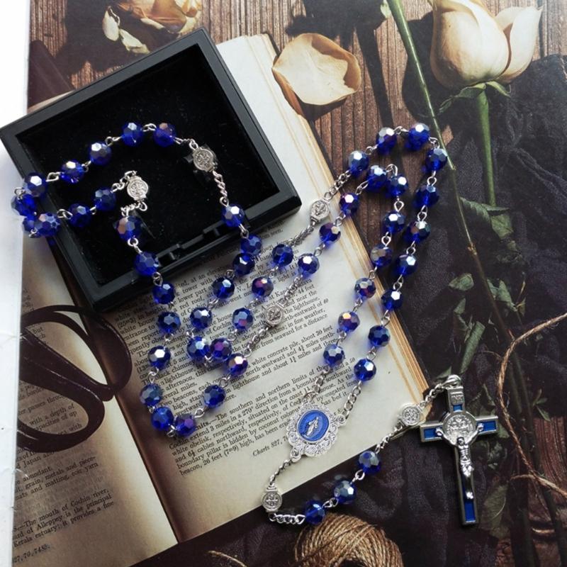 10mm Acrylic Bead Rosary Necklace Vintage Weave Catholic Religious Cross Jesus Pendant Necklaces for Men Women Jewelry Charm