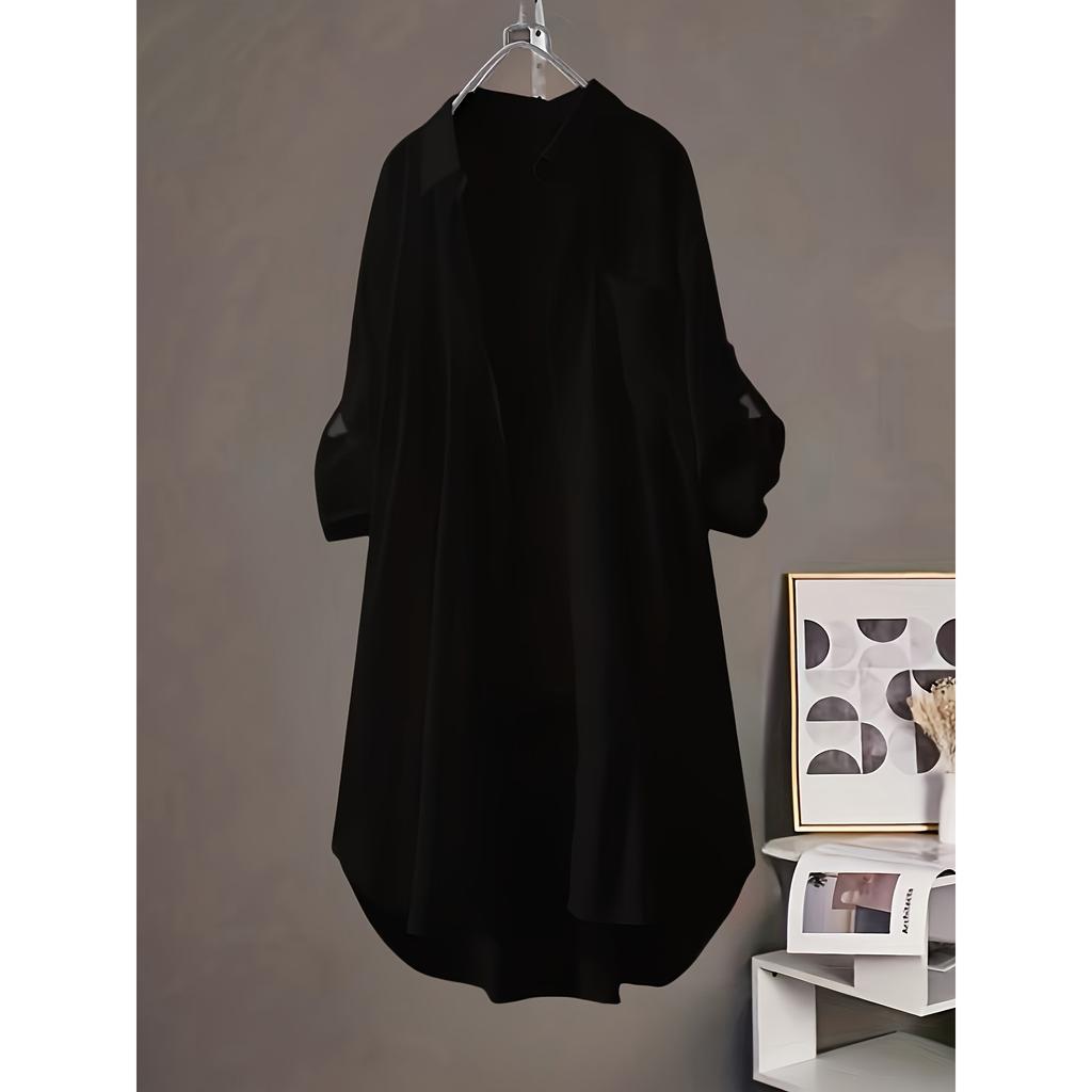 Plus Size Women Simple Long Sleeve Blouse Chic Korean Style Loose Fit Breathable Shirt Casual Autumn Solid Color Midi Tunic Tops