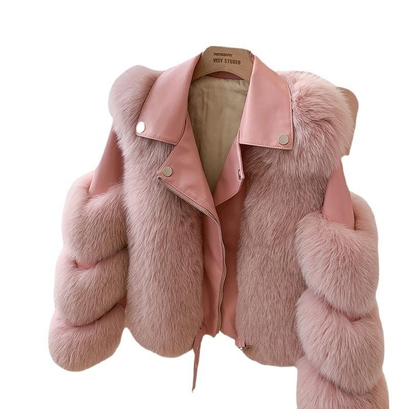 New Whole Leather Imitation Fox Fur Imitation Fur Jacket Women's Fashion Locomotive Short Light Coat Pink