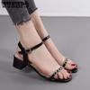 Women's Fashion High Heel Sandals Summer Leather Low Heel Simple Sexy Square Head Fairy Wind Sandals | Sequins Rhinestones A Buckle | PU Material