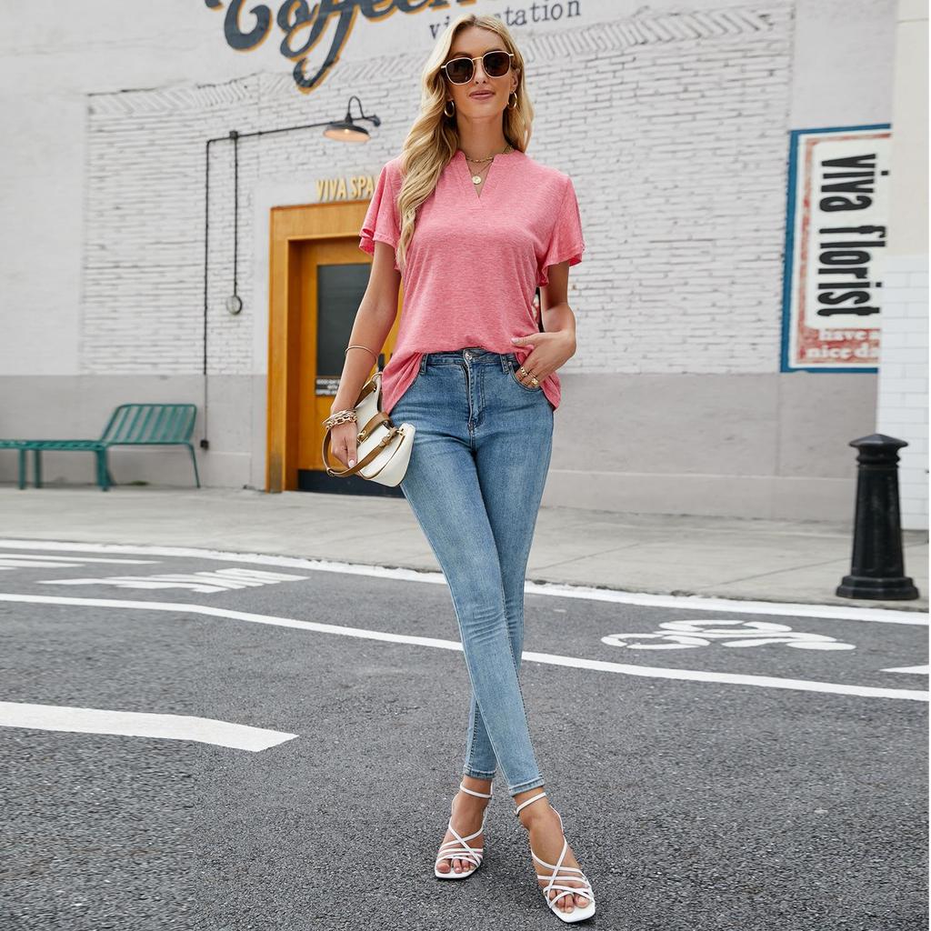 Camiseta de verano para mujer, camiseta holgada y cómoda con cuello en V, Tops de manga corta