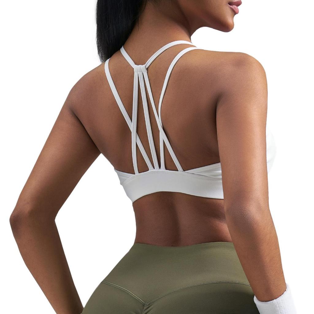 Juyitang European Size Shockproof Sports Bra with Thin Straps and Fixed Cups for Yoga