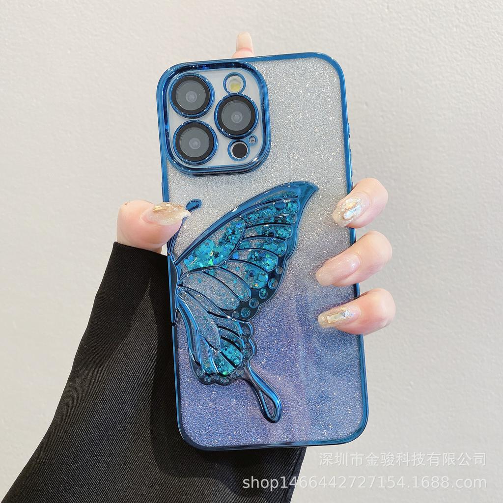 3D Flowing Sand Butterfly Apple 15 Phone Case 14 Pro with Lens Protector Compatible with iPhone 16 Electroplated TPU Soft Case