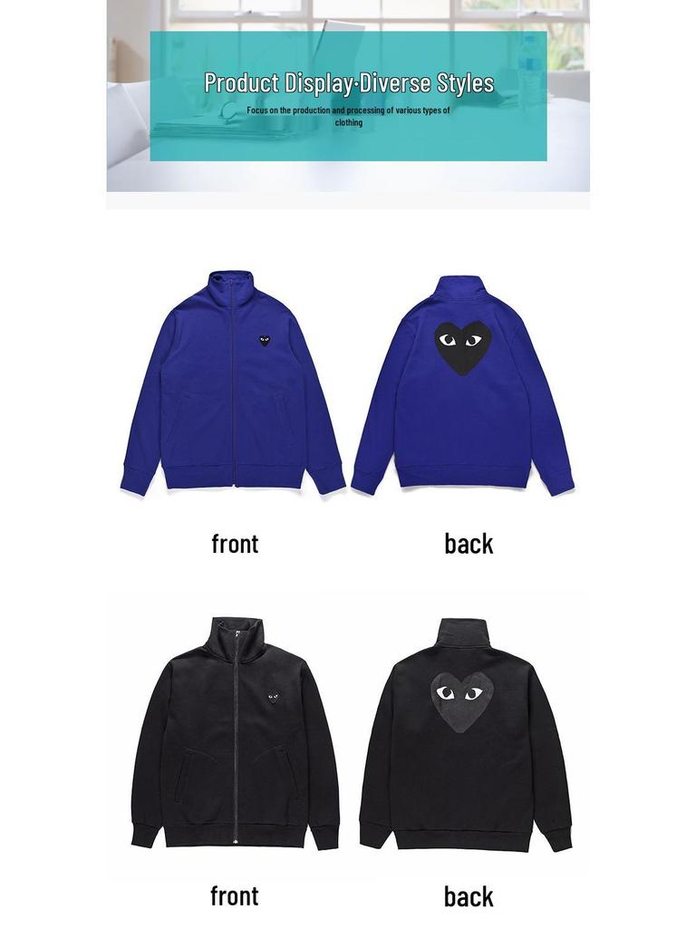 HEYPLAY Unisex Trendige Blaue Reißverschlussjacke mit Rotes Herz & Großem Schwarzen Herz auf dem Rücken, Kapuzenpullover mit Stehkragen.