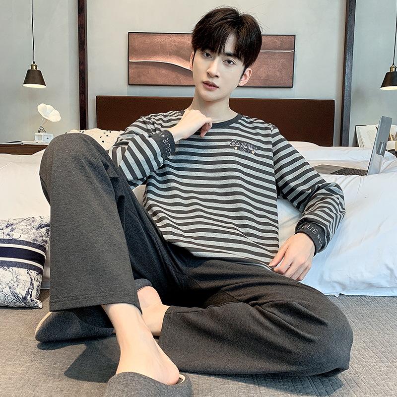 Men's Korean-Style Cotton Pajamas - Long Sleeve, Casual, Seasonal Homewear