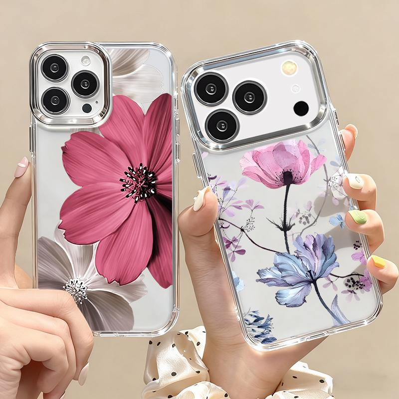 Floral Pattern Case For iPhone 17 Pro Max iPhone 16 15 14 13 Pro Max 11 17e 16e Plating Lens Frame Clear Soft Silicone Back Cover