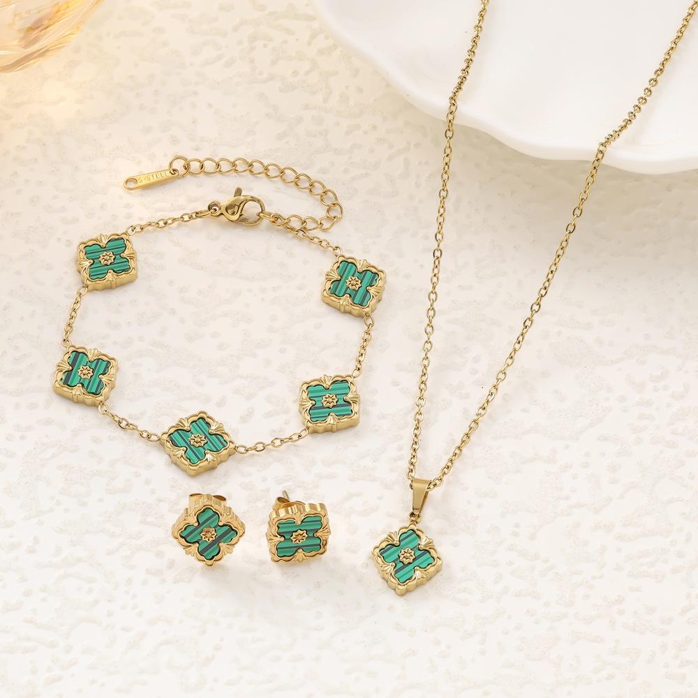 3PCS diamond clover five flower bracelet necklace earrings stainless steel jewelry set