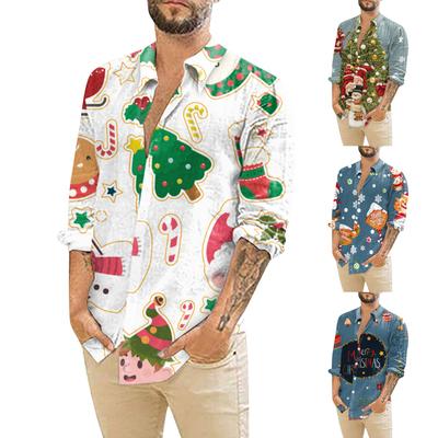 Men's Christmas Shirts Long Sleeve Floral Printed Button Up Tops Funny Cute  Graphic Dress Shirt