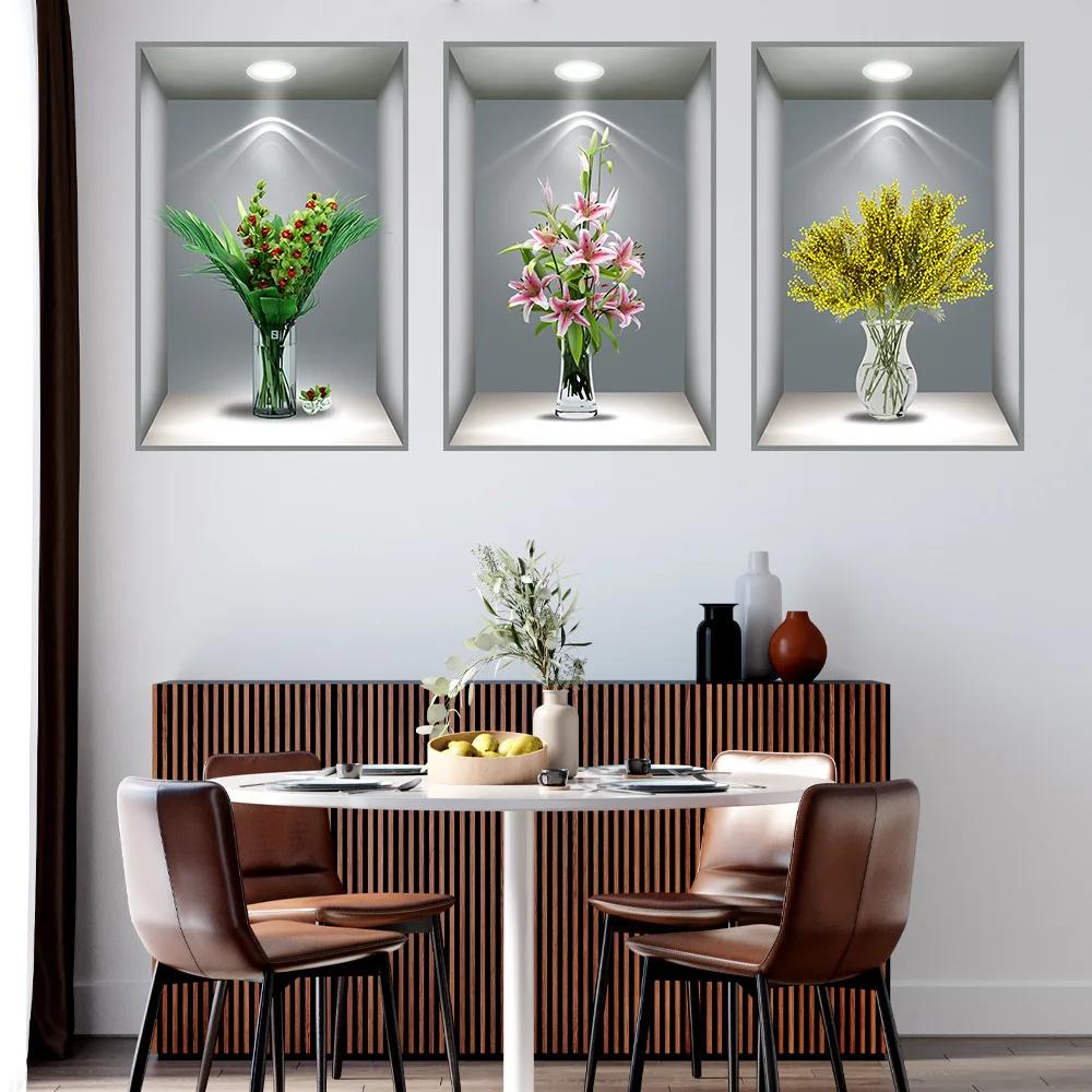 3D Effect Potted Triptych Posters Hallway Staircase Decorative Painting Hotel Restaurant Wall Plant Stickers