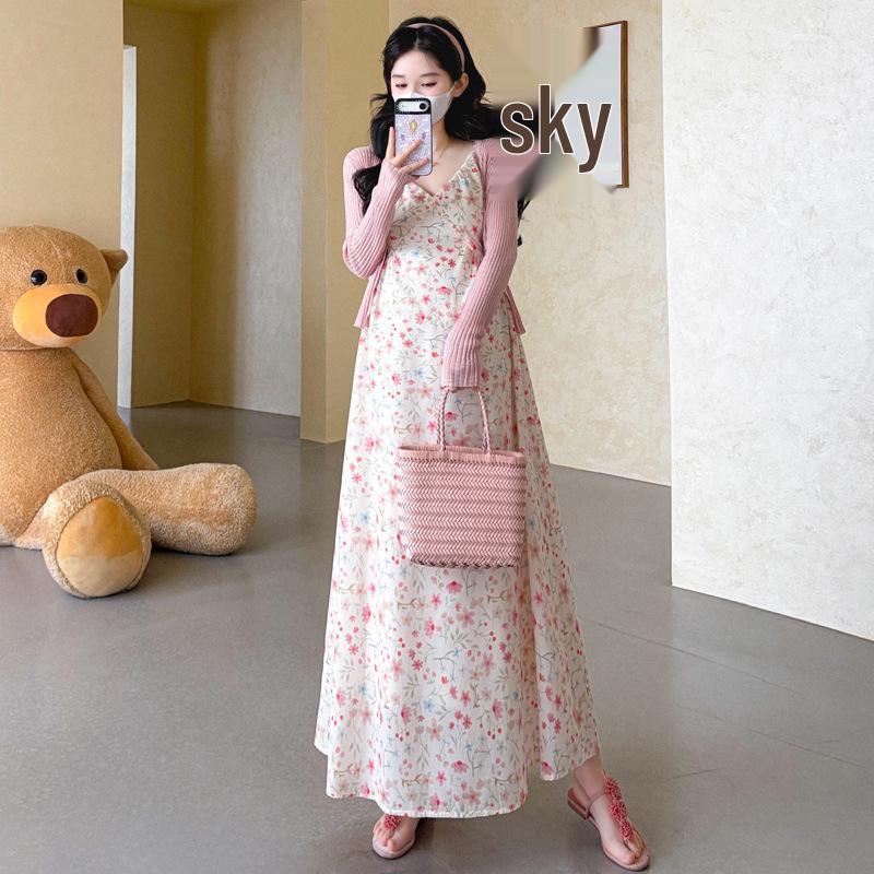 Floral Chiffon Maternity Camisole Dress & Cardigan Set - Plus Size M
