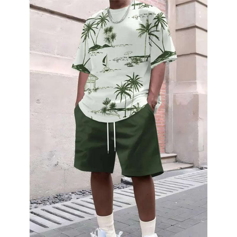 Summer Men's Casual Short Sleeve Suit Retro Palm Print Casual Holiday Fashion Street Wear Short Sleeve Shorts 2 Pieces