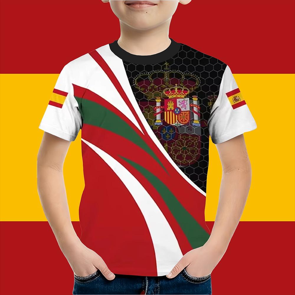 Boys Clothes Spanish Flag Graphic T-Shirt Vintage Casual Short Sleeved Kids Clothes 2-14Y Summer Outdoor Spanish Child Top Tee