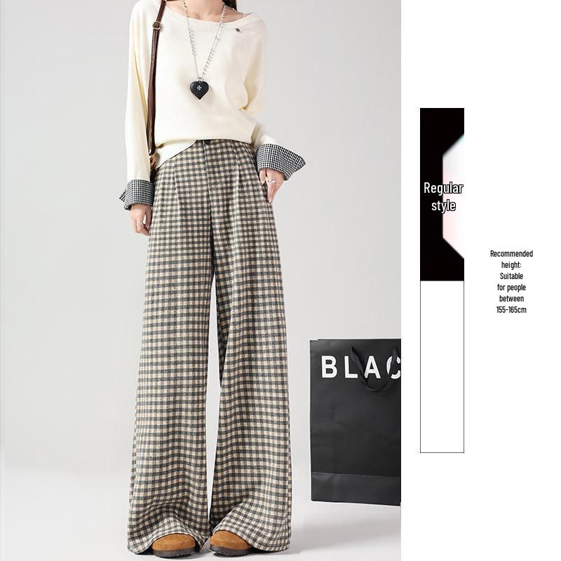 

Women s 2025 Spring/Autumn Plaid High-Waist Drape Straight-Leg Wool Suit Pants XL (125-140 jin)