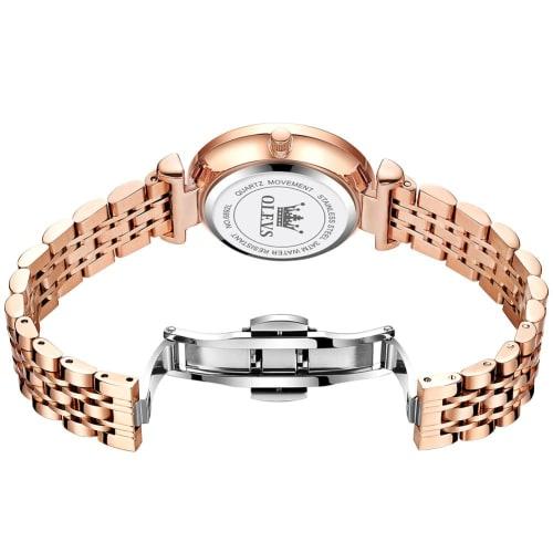 OLEVS Women's Watch, Simple and Casual, Date Display, Waterproof, Rose Gold with Diamond Dial, Double-Flip Closure, Wine Red, Gift