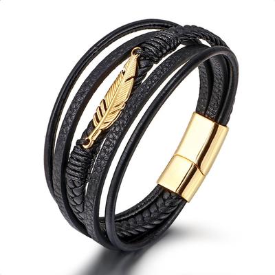 Bracciale a Piuma Multistrato in Pelle e Acciaio Inossidabile Stile Europeo e Americano per Uomo con Chiusura Magnetica