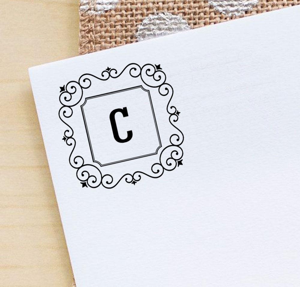 Printtoo Alphabet C Monogram Initial Square Swirl Border Self Inking Rubber Stamp Office