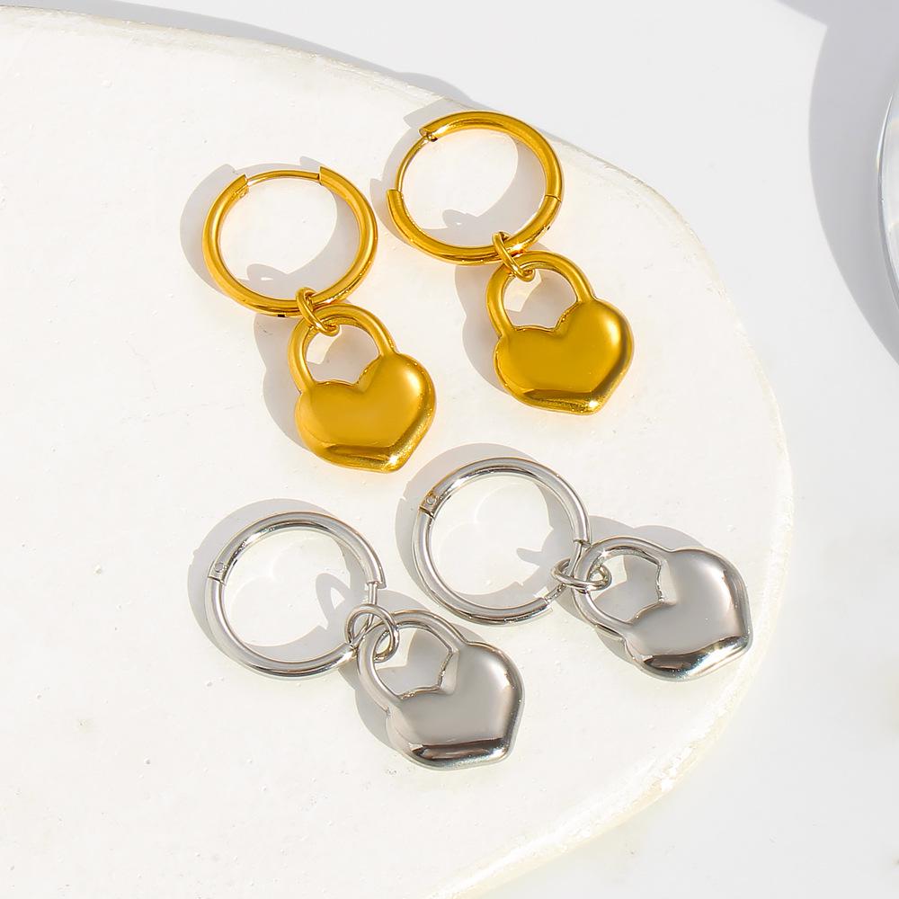 Meishiduo Heart Pendant Korean-Japanese Style Gold Hoop Earrings - Colorfast Titanium Steel