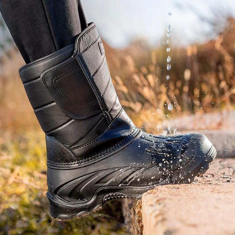 Fashion Winter Men's Rain Boots Waterproof Casual Cotton Boots Outdoor Non Slip Fishing Boot Plush Warm Cotton Rain Boots for Men Botas