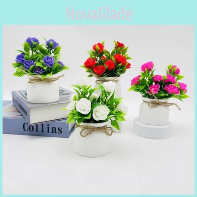 Plastic Foam Rose Miniature Indoor Plant With Butterfly Bow For Home Decor And Photography Props