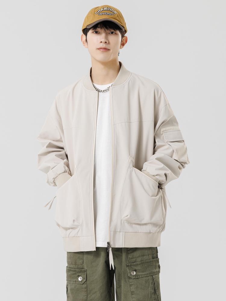2025 Japanese Trendy Men's Retro Loose Stand Collar Bomber Jacket - Spring Casual Drop Shoulder Workwear Style.