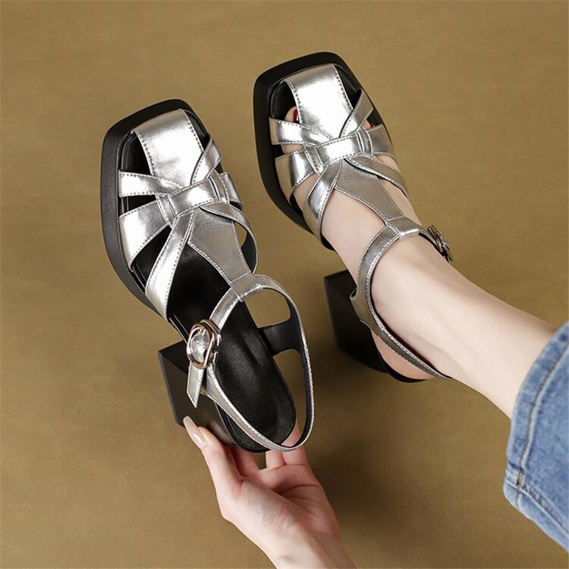 Fashion Summer Sandals Split Leather Women Shoes Square Toe High Heels Sandals for Women Handmade Fashion Roman Shoes Platform Sandals