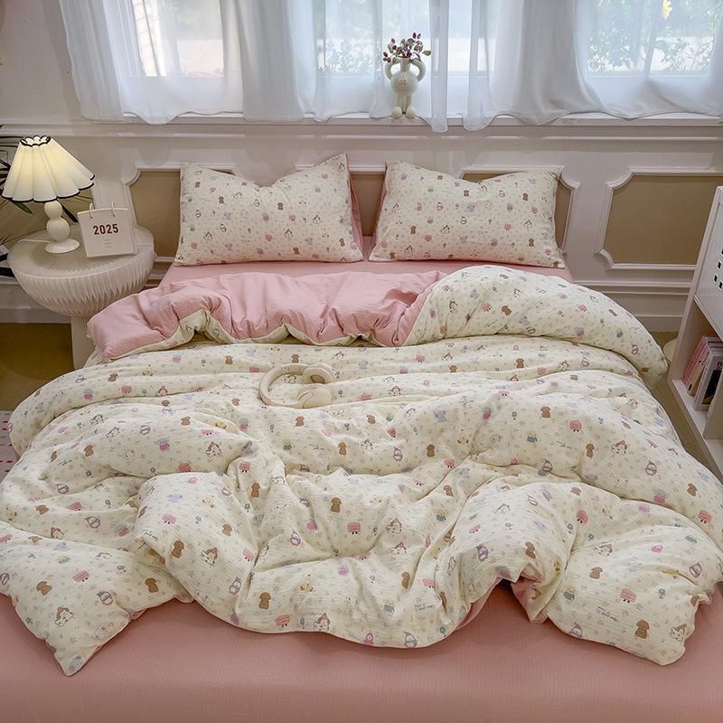 Ins wind bed four-piece spring small fresh quilt cover cartoon washed cotton bed sheet school dormitory bed three-piece set