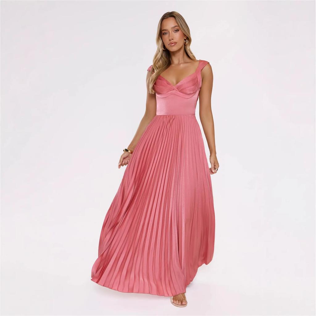 Spring and Summer, Europe and The United States New Solid Color Pleated Suspender Mid-waist Fashion Temperament Pendulum Dress 116