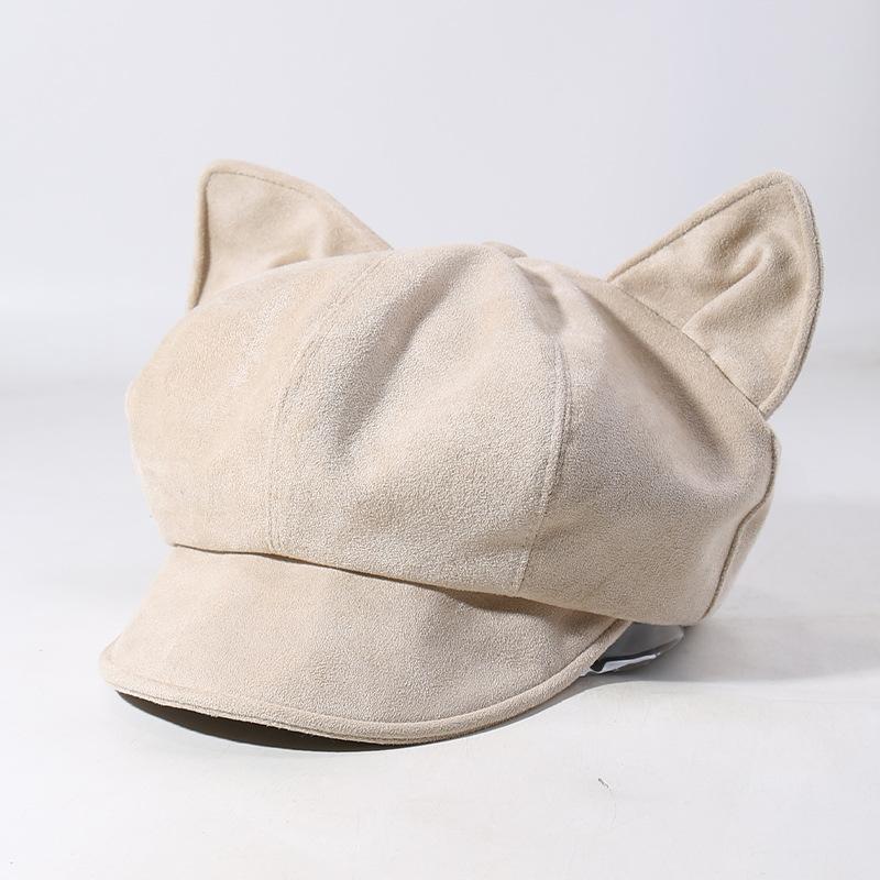 Autumn and Winter Suede Cat Ear Beret Women's Retro Face Showing Small Octagonal Hat Casual Versatile Trendy Painter Hat