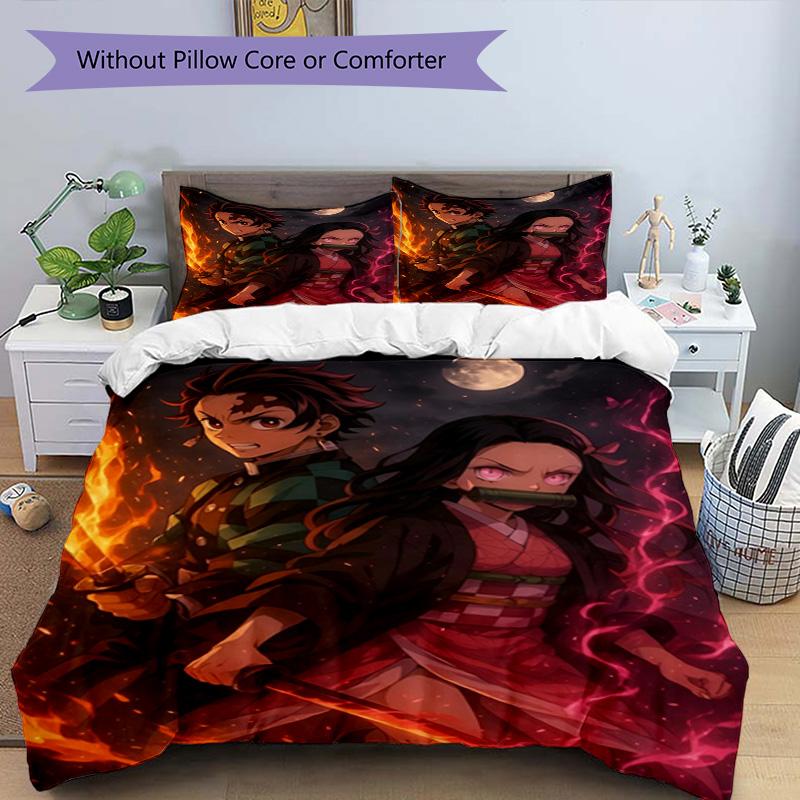 Set cuvertură de pilota 3 buc (1 * Husă de pilota + 2 * Față de pernă, Fără Miez), Set de așternut cu imprimeu Demon Slayer, Decor pentru dormitor, Pentru toate anotimpurile, Cadou de ziua de naștere