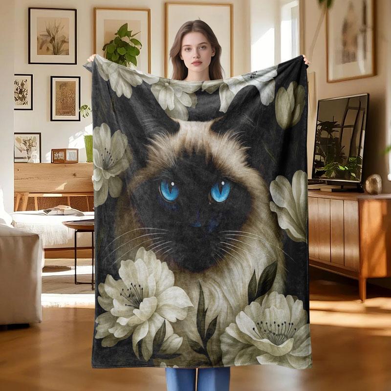 Creative White and Blue Cat Pattern Flannel Blanket, Suitable for Nap Blanket, Sofa, Office, Bed, Christmas and Halloween Gifts
