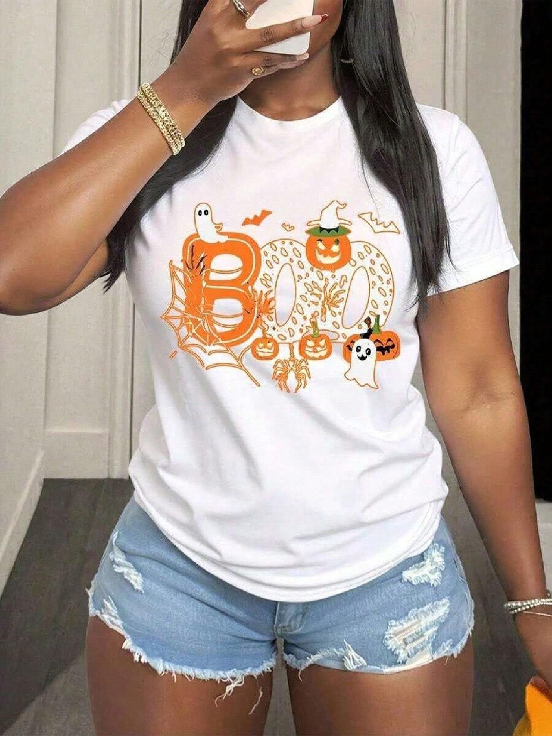 Halloween BOO & Cartoon Ghost & Pumpkins Graphic Print Shirt, s Plus Size Halloween Cute Boo Ghost Coquette Tee, Cute Fall Shirt, Spooky Season Shirt S разноцветный