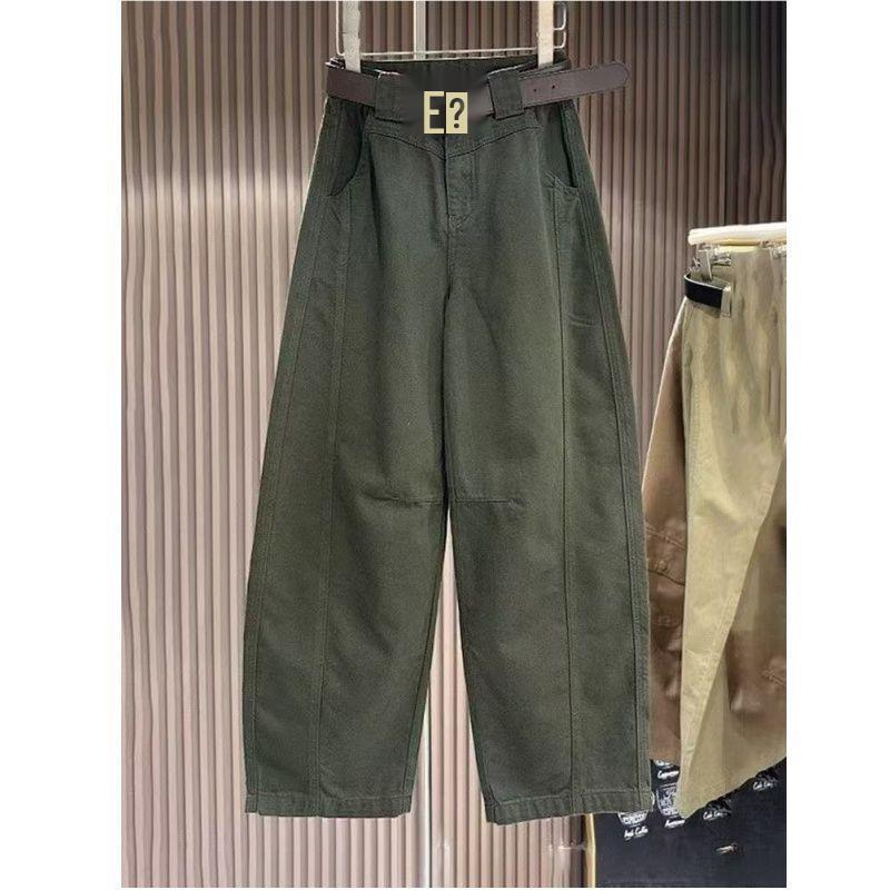 Retro Military Green High-Waisted Wide-Leg Cropped Jeans for Women, Spring-Autumn Collection S 41-48 kg