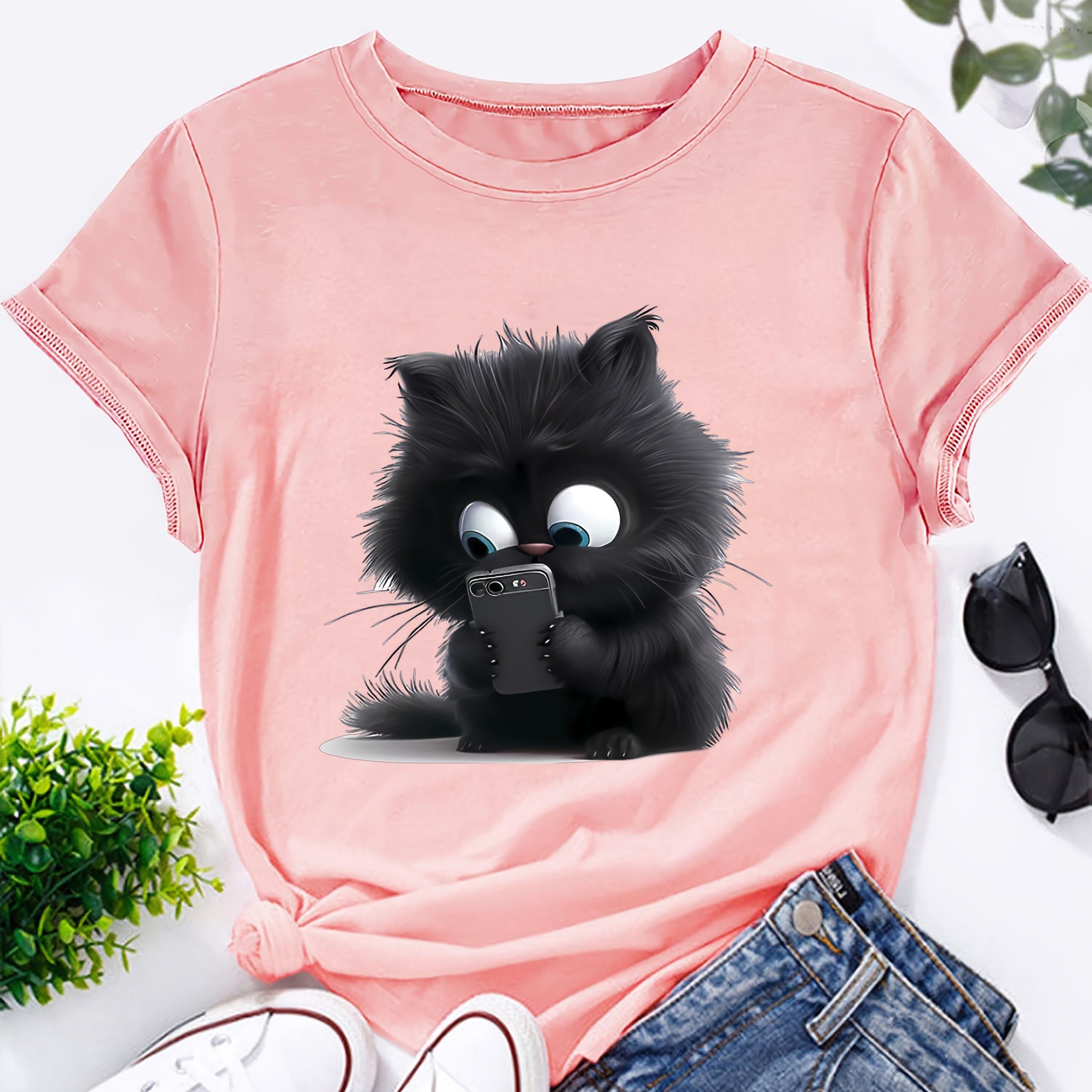 

Футболка с круглым вырезом и коротким рукавом из полиэстера с принтом мультяшного кота — повседневная футболка для любителей кошек — модный трикотажный топ на все времена года XL