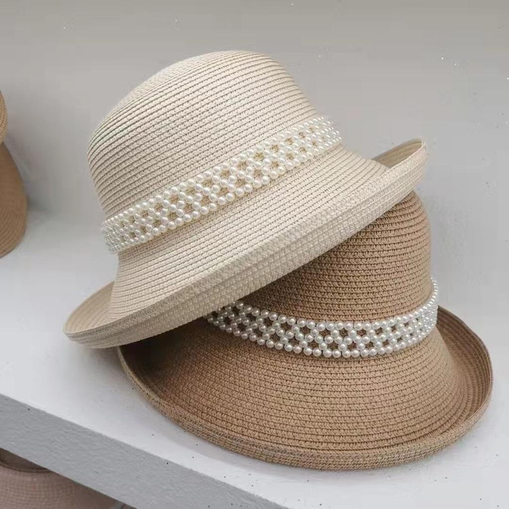 Designer Elegant Pearl Rims Fisherman Hat Fashion Socialite Retro Straw Hat Summer Sun Block Fisherman Hat