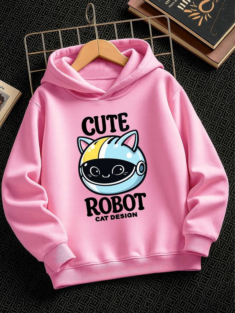 Stylish and casual hooded sweatshirt for boys and girls, featuring a cartoon robot print—suitable for outdoor sports and activities.