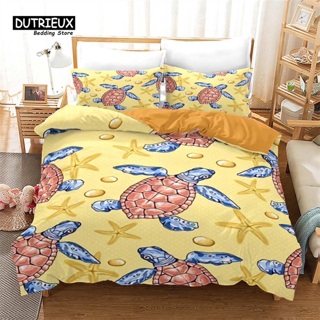 Sea Animal Duvet Cover Octopus Turtle Starfish Queen Bedding Set Microfiber Ocean Life Bedding Set King For Kids Boys Girls Teen