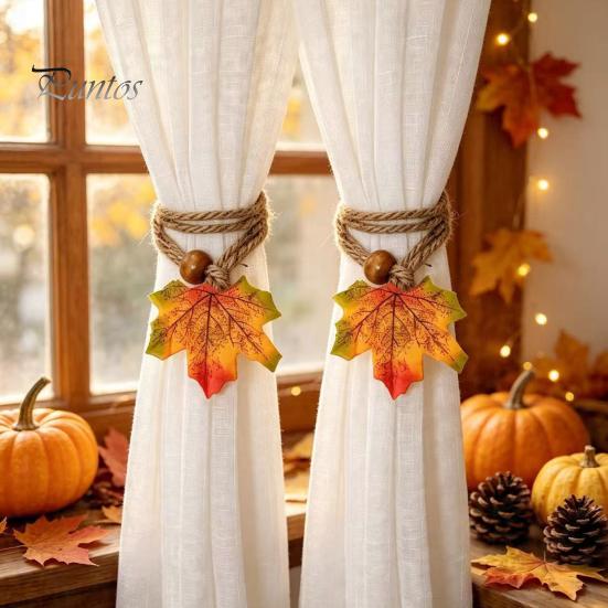 Autumnal Window Treatment Hardware Maple Leaf Curtain Tieback, Autumn Farmhouse Holder, Rustic Fabric Straps Decorative Drapery Holdback for