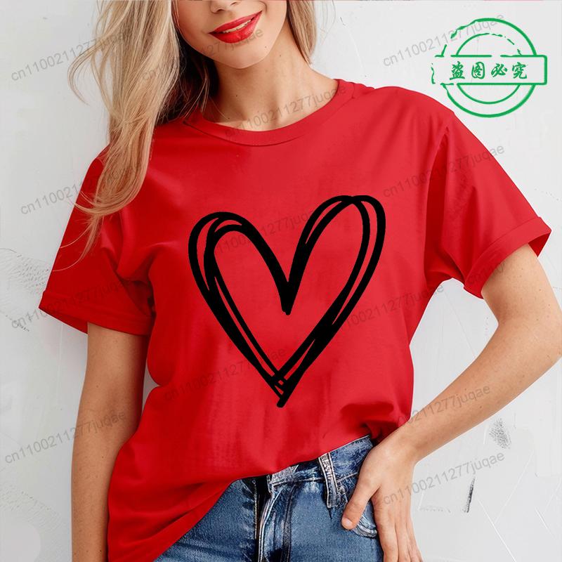 Valentine Heart Printed T Shirt for Women Leopard Heart T-shirt Girl Short Sleeve Crew Neck Casual Top for Summer Women Clothing