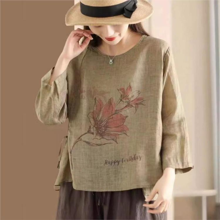 Vintage Floral Print Bandage Tops Women Blouses Chinese Style Seven Sleeve Spring Loose Shirts