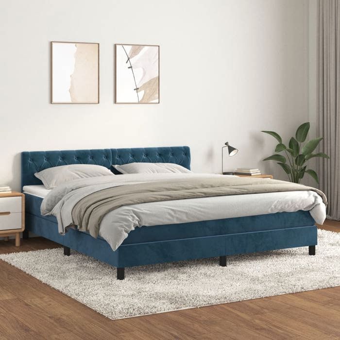 3141495 vidaXL Lit à sommier tapissier et matelas Bleu foncé 160x200cm Velours