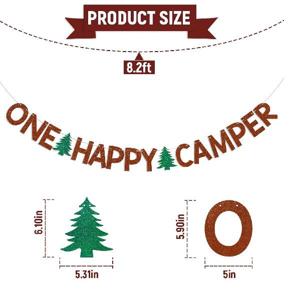 One Happy Camper Banner - Forest Safari Baby Shower Decor, Adventure Camping Party Decor, Camping 1st Birthday Party Decorations Brown Glitter