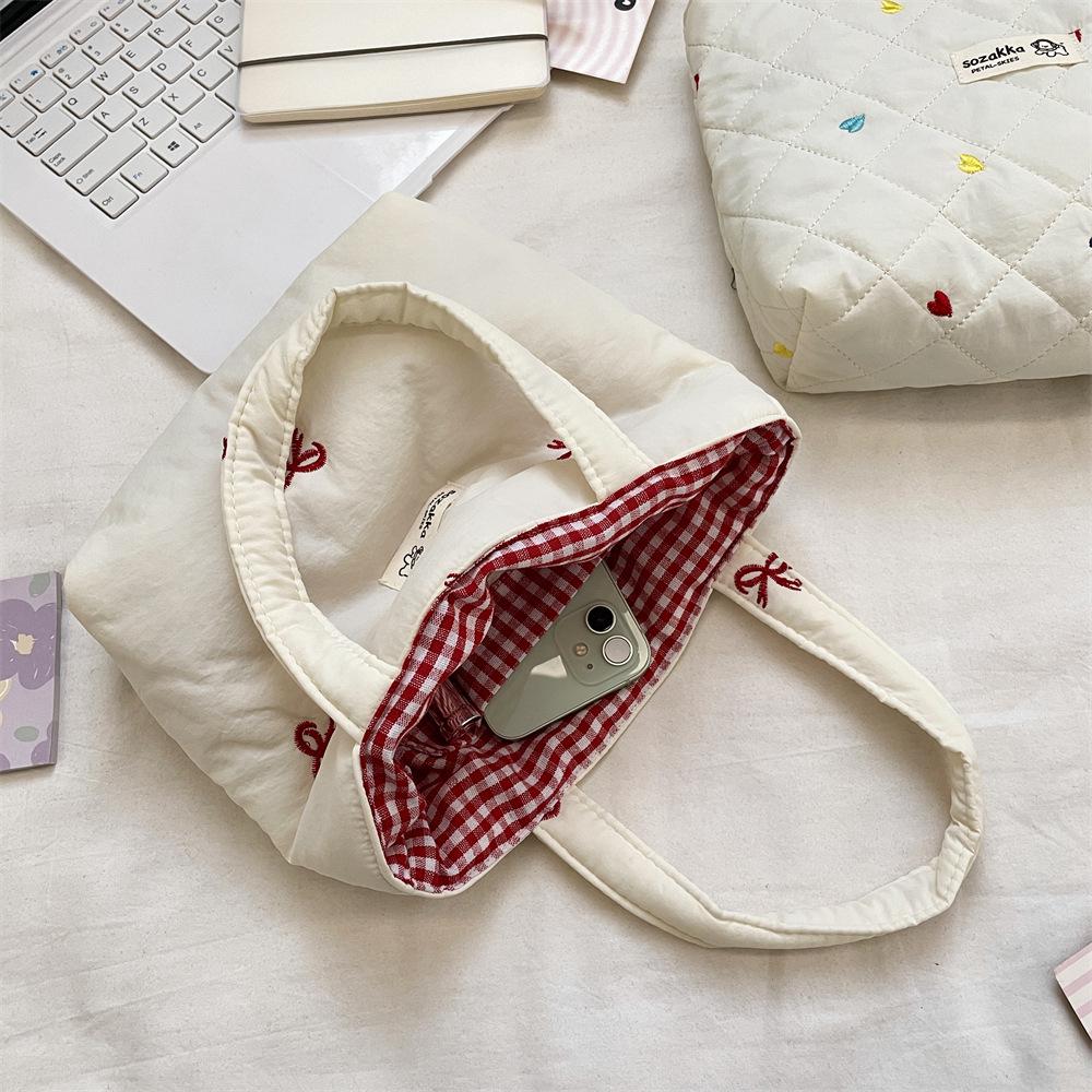 Korean Style Quilted Bow Embroidery Handheld Canvas Handbag for Women 2026 New