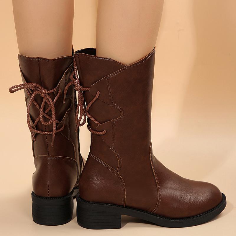 Sznurowane Dekoracyjne Grube Obcasy Kozaki do Połowy Łydki Damskie Moda Duży Rozmiar 43 Zamek Błyskawiczny Skóra PU Kozaki Damskie Średni Obcas Jesień Zima Botas