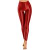 Womens Glossy Stretchy Open Crotch Leggings Solid Color Elastic Waistband Skinny Pants