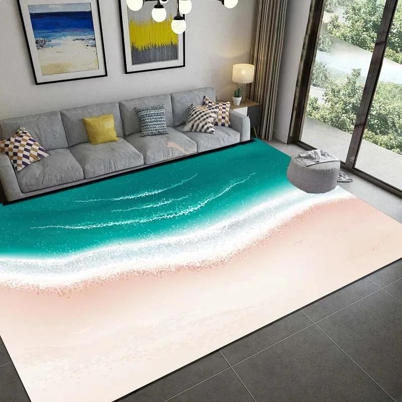Sea Print Carpet for Living Room Large Waves Beach Kids Room Rug Blue Kitchen Mat Floor Carpet Modern Entrance Mat Bathroom Rug
