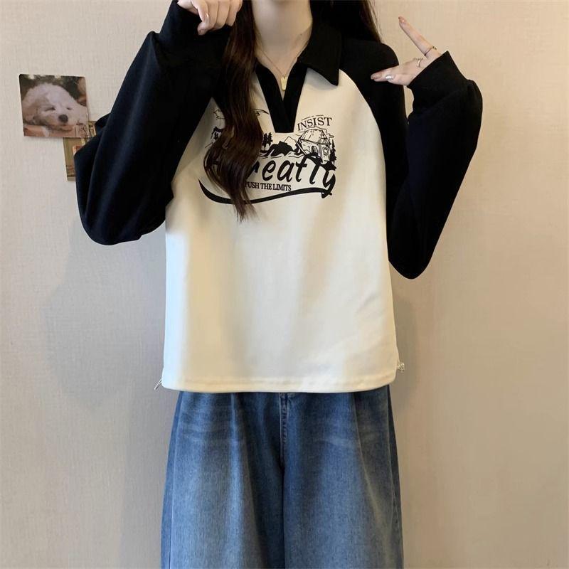 Women's Plus Size Retro Raglan Sleeve Hoodie with Polo Collar - Slimming, Loose Fit, Spring & Autumn Fashion