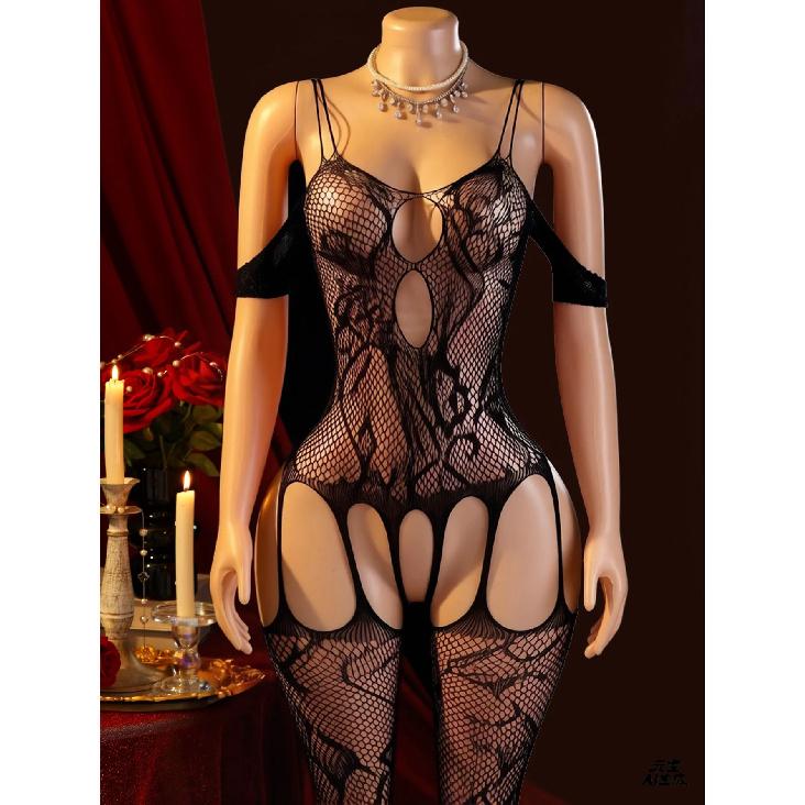 See Through BodyStockings Mesh Sexy Lingerie Women Off Shoulder Bodysuit Fishnet Hollow Open Crotch Costumes Teddies Sexiest