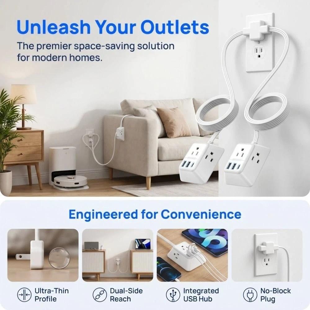 12FT Length Twin Extension Cord 2 USB-A Ports Split Power Strip  Overload Protectio
