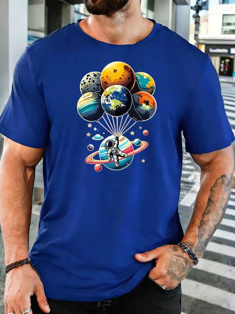 Unisex Short Sleeve T Shirt Astronaut Planet Balloon Graphic Tee Space Print Summer Soft Cotton Casual Street Wear For Adult Male