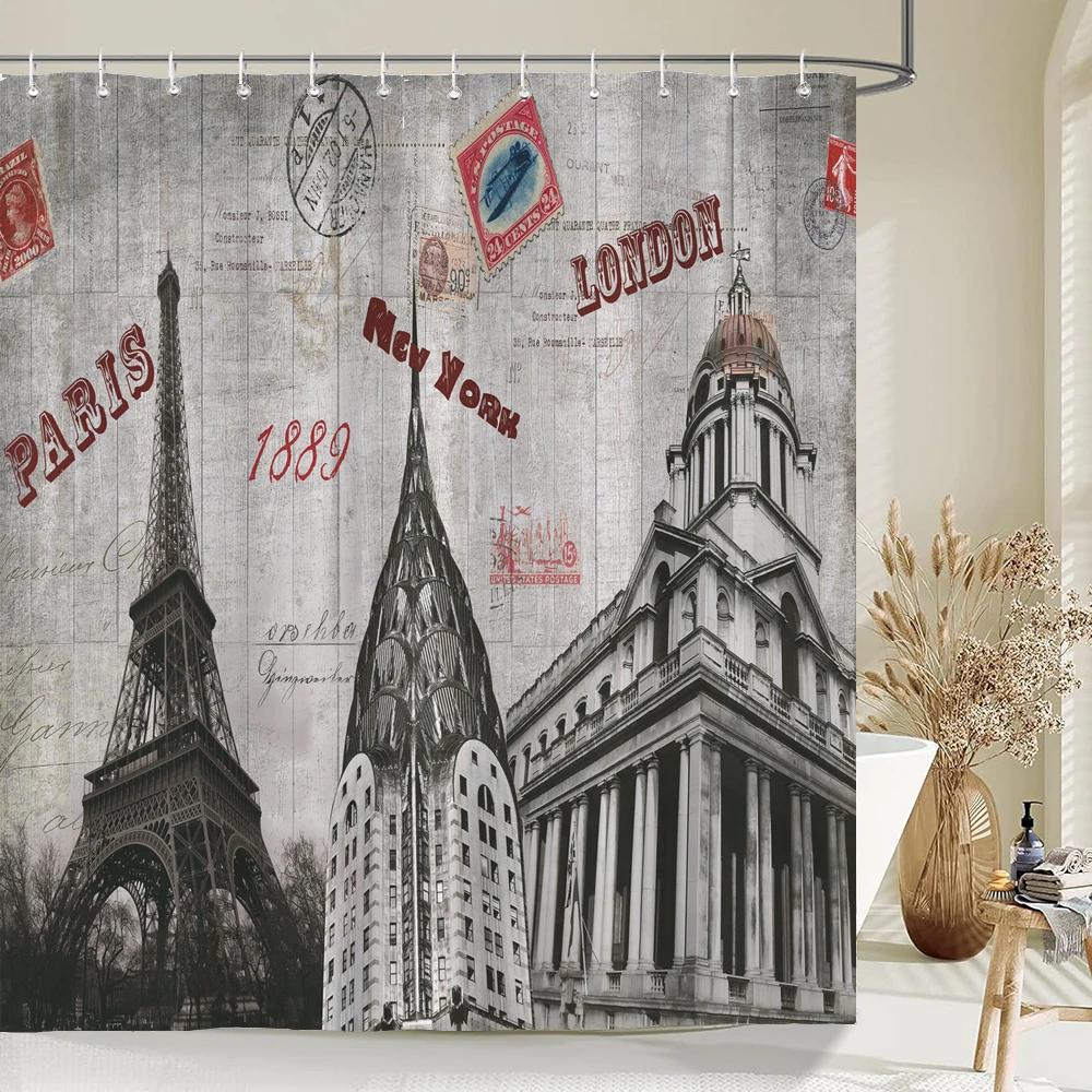 1 Pcs Paris Tower Pattern Polyester Shower Curtain Waterproof Fabric London Paris Scenic Bathroom Partition Curtain With Hooks